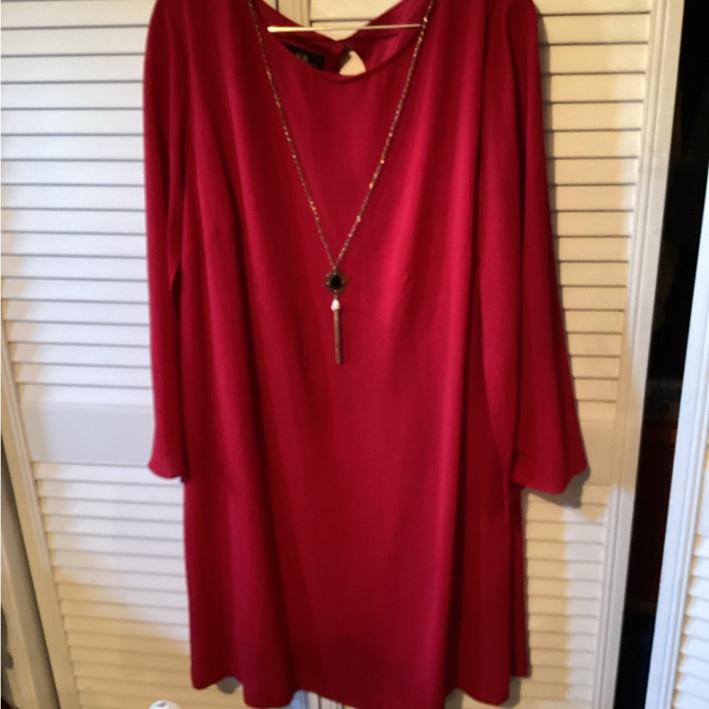 AGB women’s solid red shift dress with attached gold tone necklace